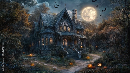 Wallpaper Mural A Halloween background with a focus on a haunted house surrounded by a dense forest. The house is old and dilapidated, with broken windows and overgrown vines. The full moon shines brightly in the Torontodigital.ca
