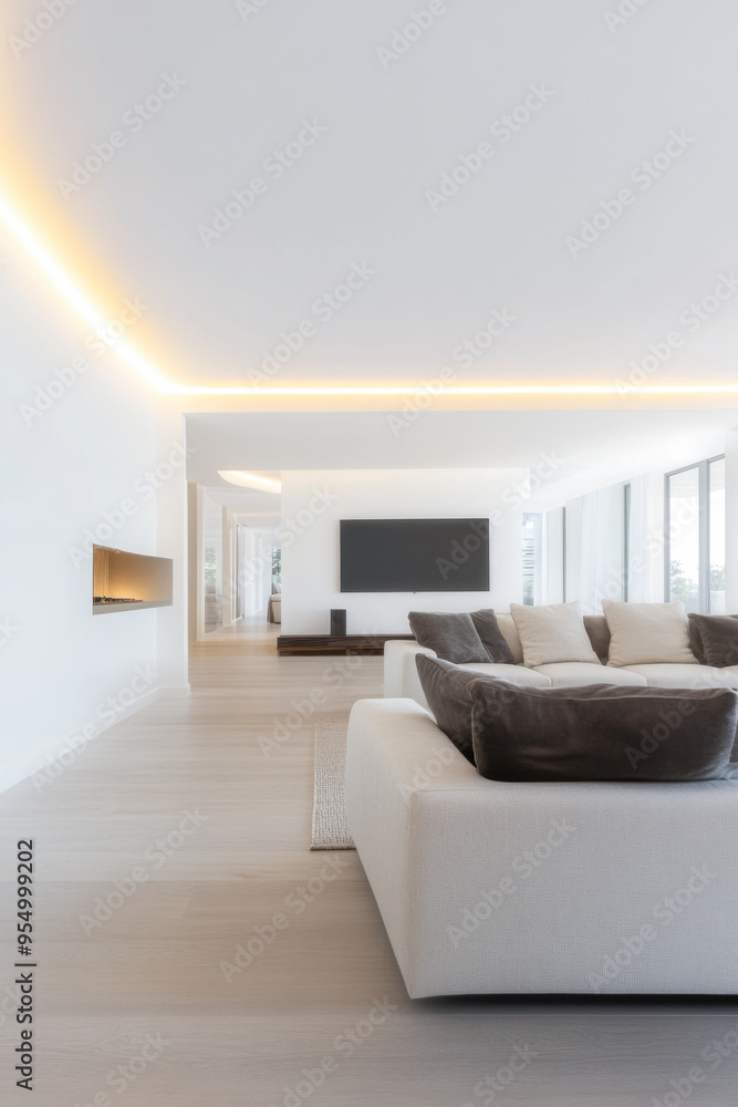 Modern living room interior design with warm led lighting and minimalist furniture. Modern living room interior design with warm led lighting and minimalist furniture.