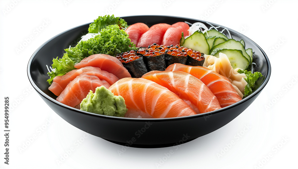 Sushi and sashimi in black bowl on white background. AI generation. Sushi and sashimi in black bowl on white background. AI generation.