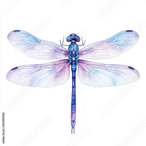 Close-up of a vibrant blue and purple dragonfly with transparent wings, showcasing detailed patterns and textures on a white background.