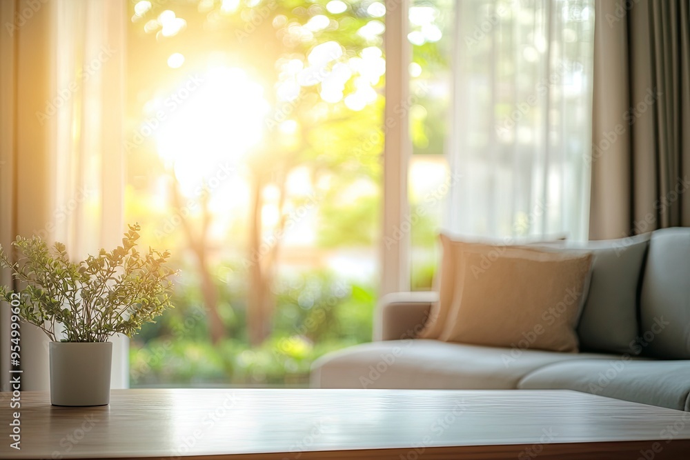 Blur living room at home with morning sunlight at big window for background usage. blur interior background concept. white, britht tone , ai Blur living room at home with morning sunlight at big window for background usage. blur interior background concept. white, britht tone , ai