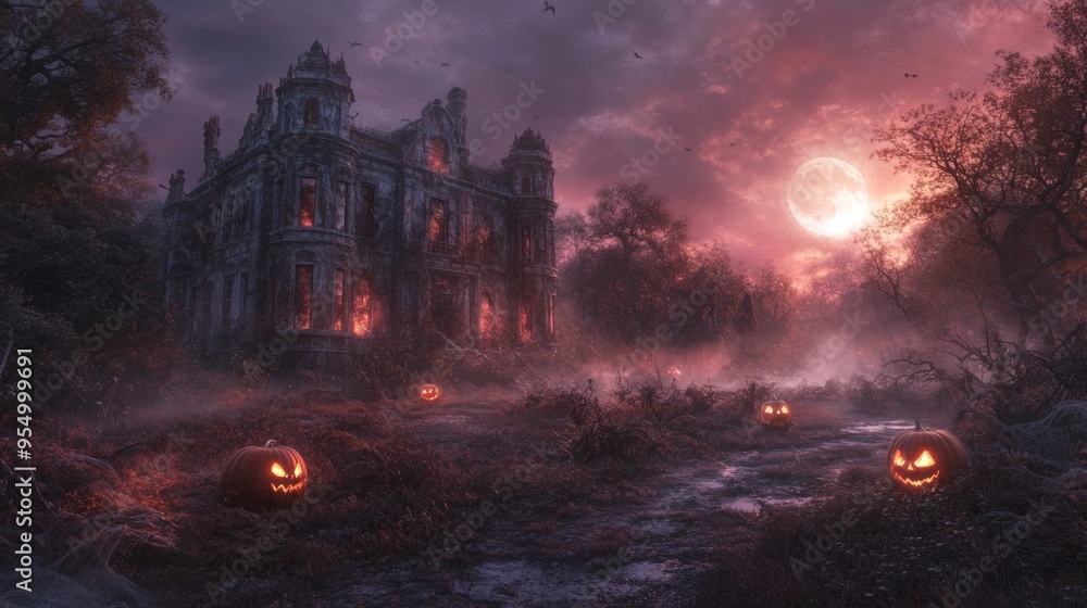A Halloween wallpaper featuring a haunted mansion surrounded by a foggy, overgrown garden. The mansion is old and abandoned, with broken windows and ivy creeping up its walls. The garden is filled A Halloween wallpaper featuring a haunted mansion surrounded by a foggy, overgrown garden. The mansion is old and abandoned, with broken windows and ivy creeping up its walls. The garden is filled