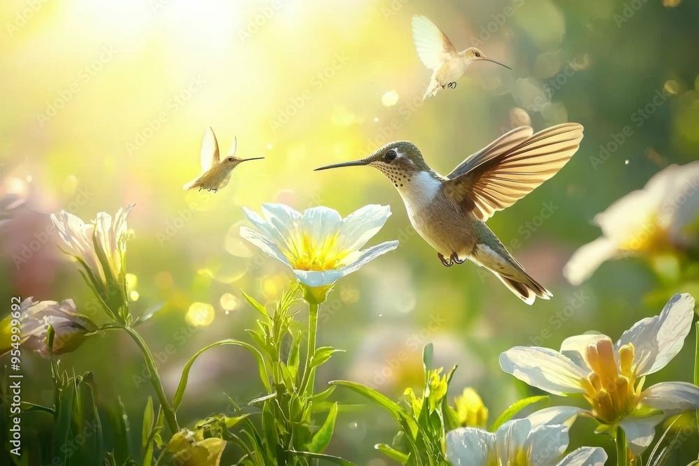 Fototapeta premium Hummingbird in Flight with Flowers and Sun