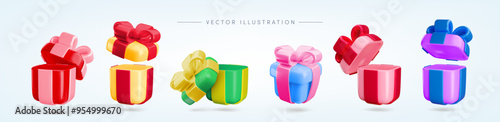Vector cartoon 3d festive Christmas gift box set. Cute realistic holiday red, green, yellow, pink, blue present with ribbon and bow. 3d render opened and closed surprise illustrations collection.