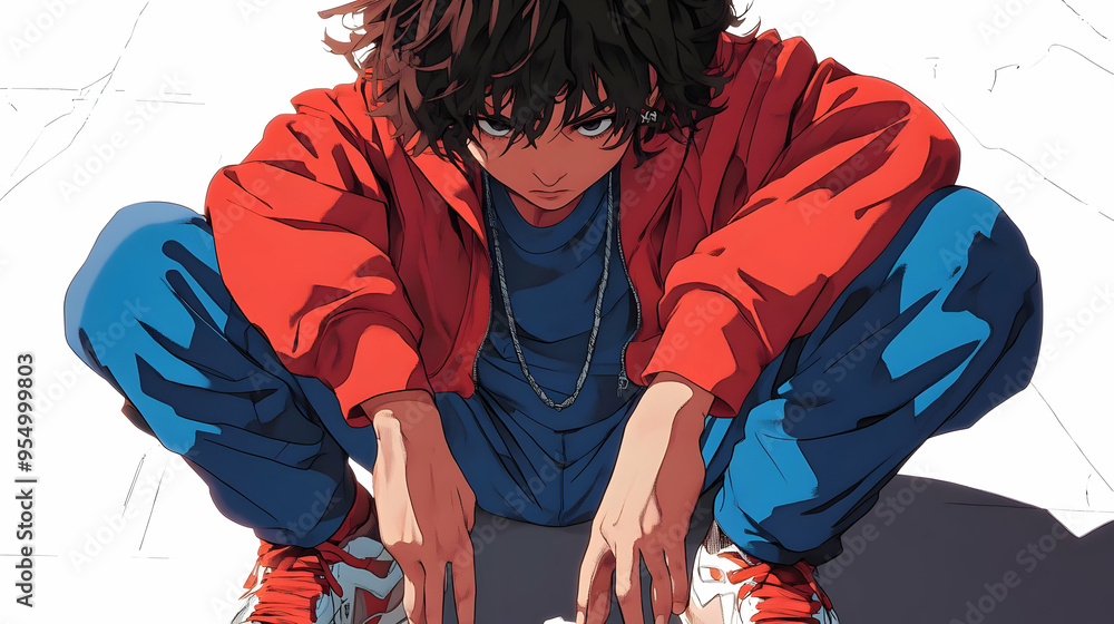 Obraz premium Animated Character in Red Jacket and Blue Pants Sits with a Determined Expression, a Stylish Anime Style Illustration