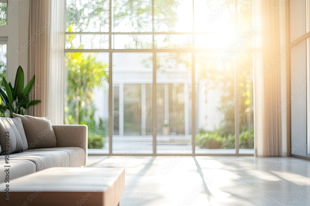 Blur living room at home with morning sunlight at big window for background usage. blur interior background concept. white, britht tone , ai Blur living room at home with morning sunlight at big window for background usage. blur interior background concept. white, britht tone , ai