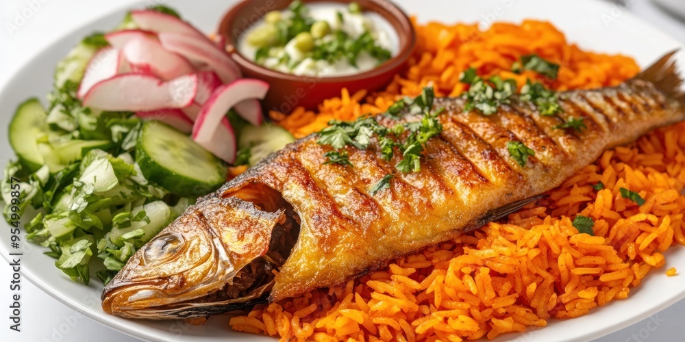 Grilled Fish with Orange Rice, Salad, and Yogurt Dip Grilled Fish with Orange Rice, Salad, and Yogurt Dip