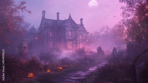 A Halloween wallpaper featuring a haunted mansion surrounded by a foggy, overgrown garden. The mansion is old and abandoned, with broken windows and ivy creeping up its walls. The garden is filled