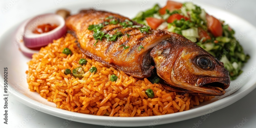 Roasted Fish Served with Red Rice and Salad Roasted Fish Served with Red Rice and Salad