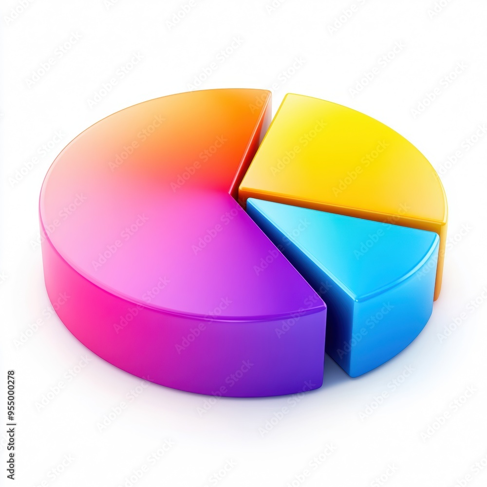 Obraz premium Colorful pie chart with vibrant segments representing data analytics and statistical visualization on a white background.