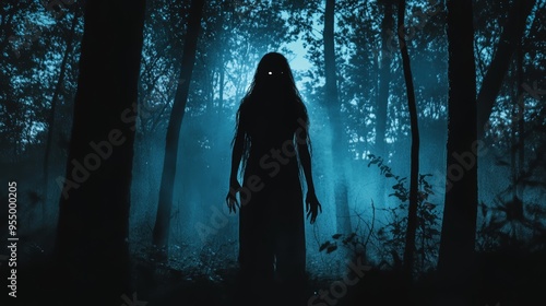 Silhouette of a woman in a dark, creepy forest, perfect horror concept. Shadows, fear, and night blend with eerie, ominous atmosphere. Halloween, daemon, ghost, murder, and thriller scene. 