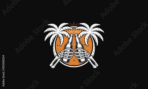 Two skeleton hands clinking beer bottles with palm trees background.
