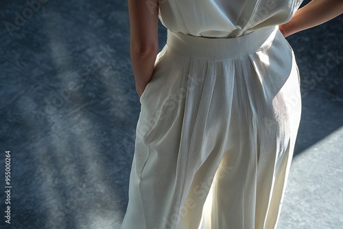 An overhead view of a monochrome outfit with structured culotte showing refined simplicity photo