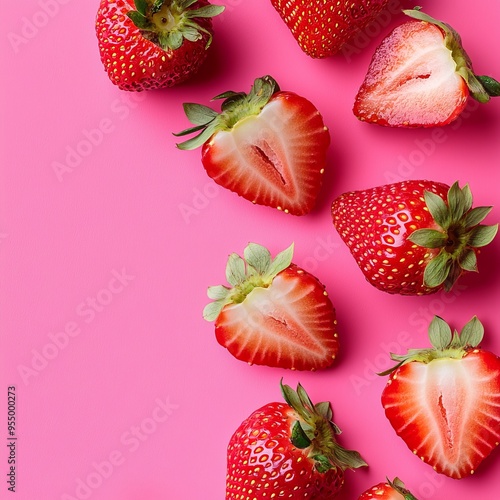 Halved strawberries showcasing their rich red color and seeds, laid out on a bright pink backdrop, summery and sweet photo