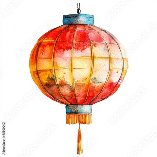 Colorful watercolor Chinese lantern with red and yellow hues, ideal for celebrating festive Asian cultural events and decorations.