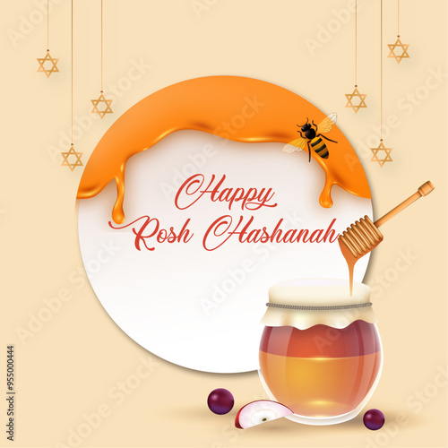 Happy Rosh Hashanah text in white sticker decorated dripper with honey jar, 