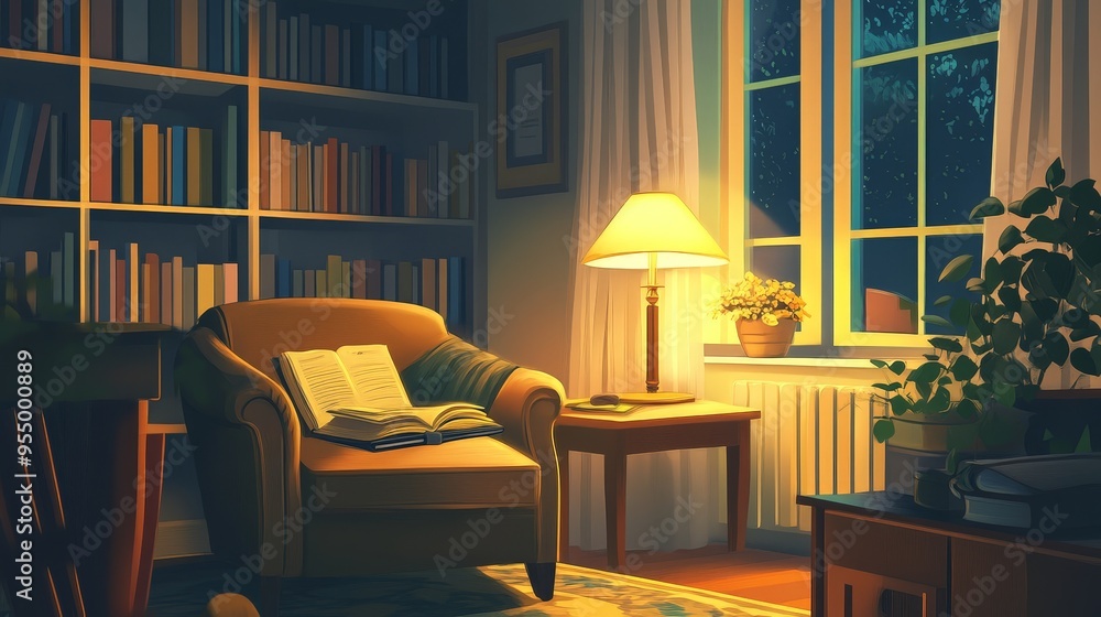 Cozy reading nook lit by a warm table lamp. This, along with soft lighting, creates a comfortable and inviting space for relaxing and reading. Cozy reading nook lit by a warm table lamp. This, along with soft lighting, creates a comfortable and inviting space for relaxing and reading.