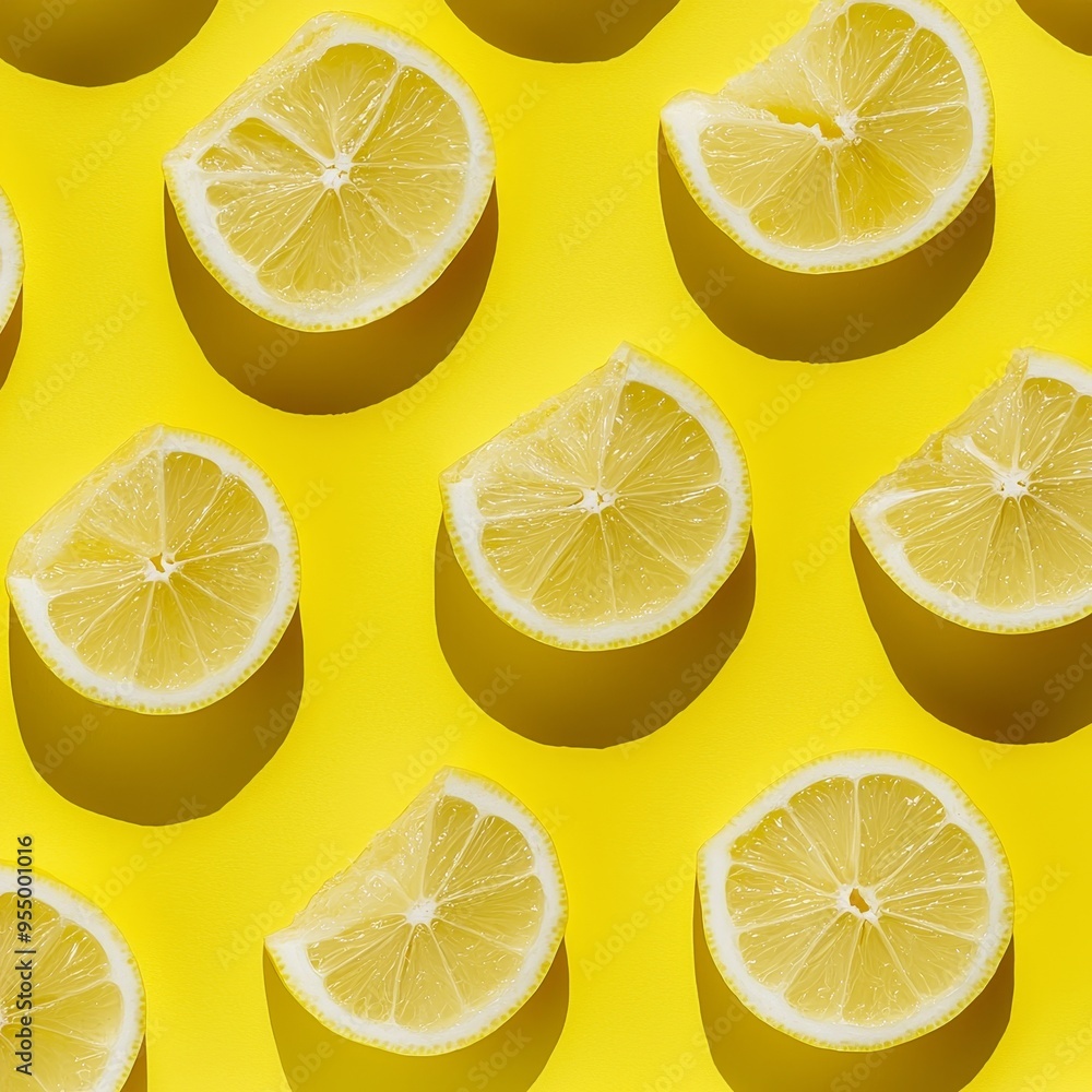 Lemon slices aligned in a geometric pattern, bright yellow tones with sharp shadows, minimalistic design Lemon slices aligned in a geometric pattern, bright yellow tones with sharp shadows, minimalistic design