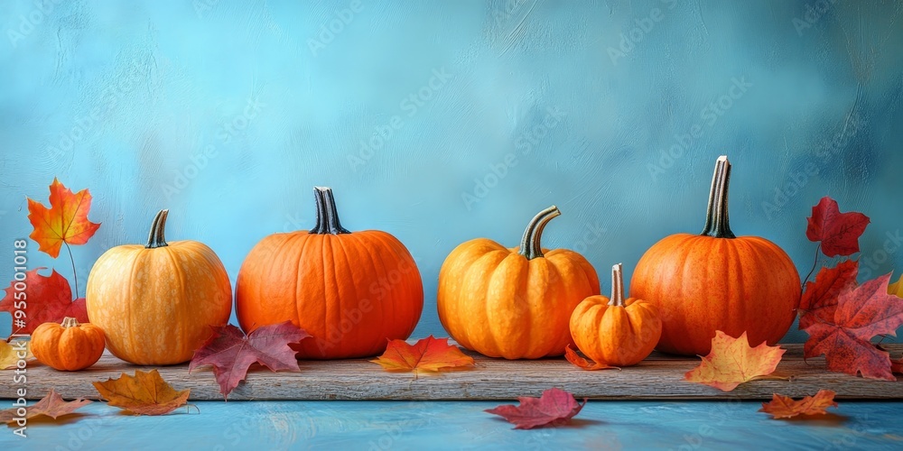 Rustic Pumpkin Display on Wooden Table with Autumn Leaves Rustic Pumpkin Display on Wooden Table with Autumn Leaves