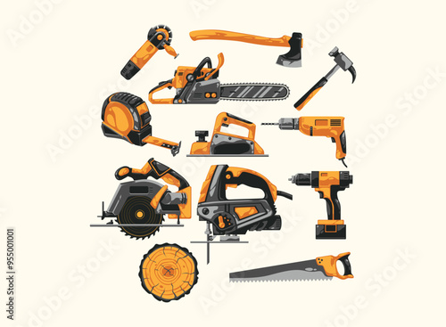 Illustration set of carpenters tools and joiner machine. Set hardware tools