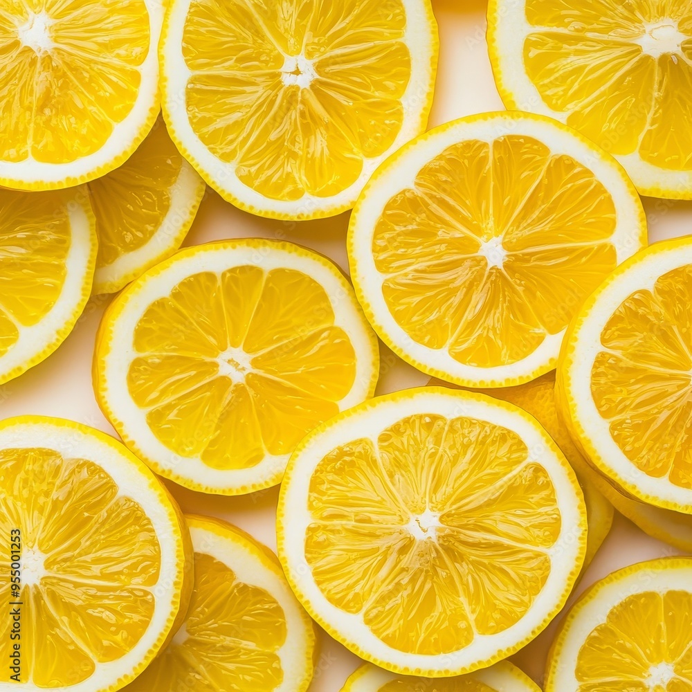 Minimalistic lemon slice pattern with evenly spaced citrus rounds, bright yellow contrast against white Minimalistic lemon slice pattern with evenly spaced citrus rounds, bright yellow contrast against white