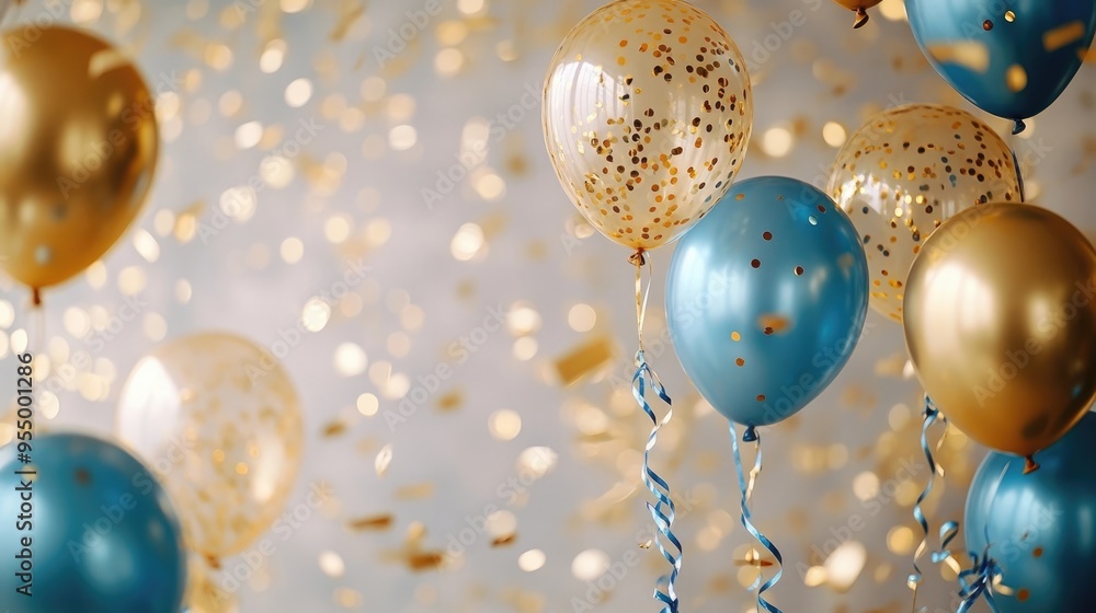 Festive background with gold and blue metallic balloons, confetti and ribbons. Festive background with gold and blue metallic balloons, confetti and ribbons.
