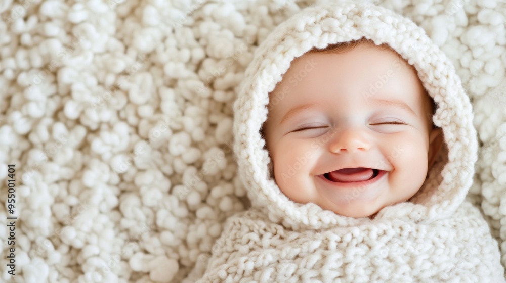 A cheerful baby, snugly wrapped in a soft blanket, beams with joy while resting comfortably at home A cheerful baby, snugly wrapped in a soft blanket, beams with joy while resting comfortably at home