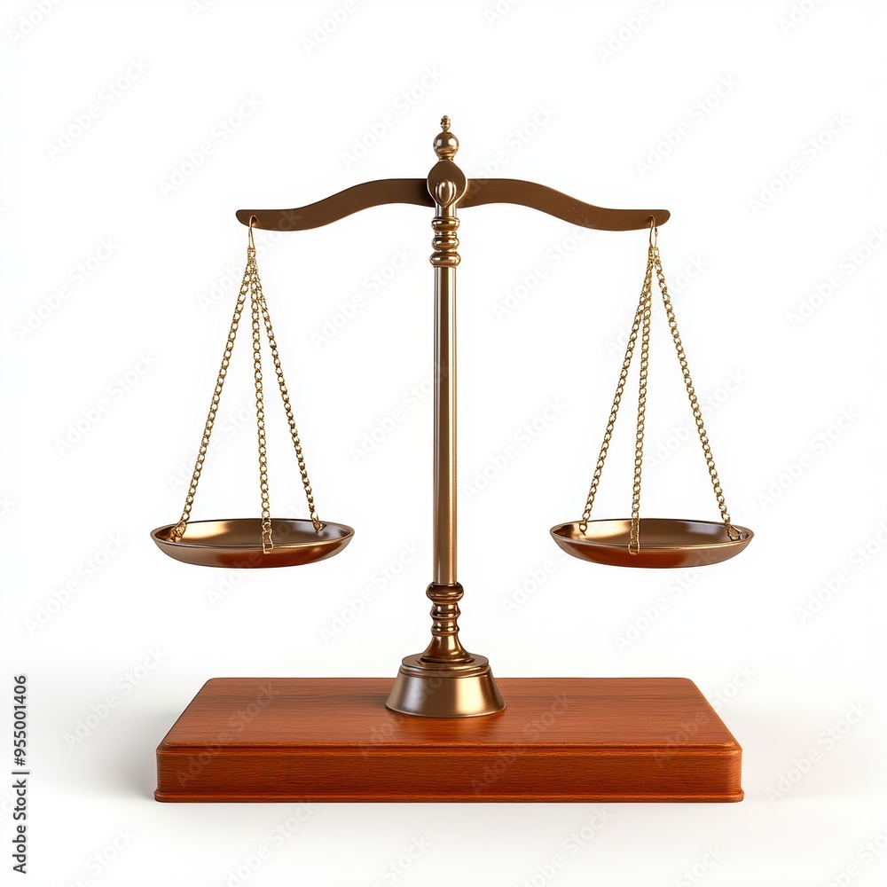 Elegant brass balance scale on wooden base, symbolizing justice, law, and equality. Isolated on a white background. Elegant brass balance scale on wooden base, symbolizing justice, law, and equality. Isolated on a white background.