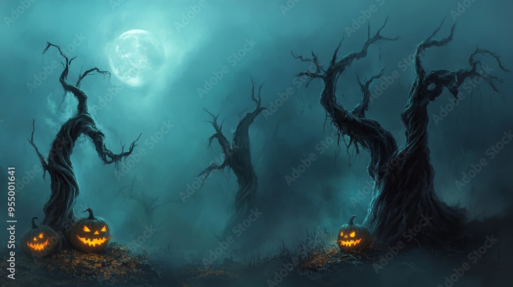 Fototapeta premium A spooky Halloween background showcasing a dark, creepy forest with twisted trees and thick fog. The trees are bare, their branches reaching out like skeletal fingers. The ground is covered in dry