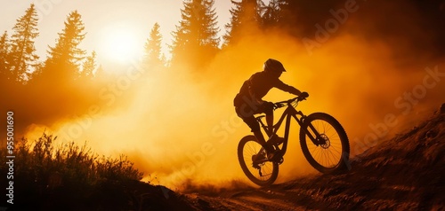 Mountain biker s intense ride down a steep, dusty forest trail, capturing the thrill and challenge of the sport photo