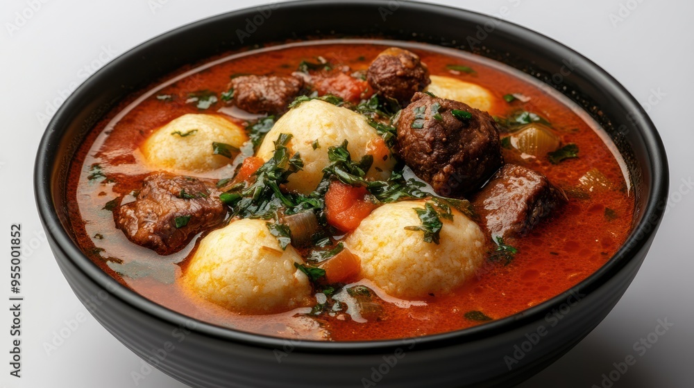 Beef and Dumpling Soup in Black Bowl Beef and Dumpling Soup in Black Bowl
