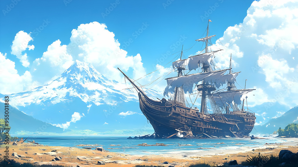 An Old Wooden Ship Runs Aground on a Shore Near a Snowy Mountain with a Blue Sky and White Clouds An Old Wooden Ship Runs Aground on a Shore Near a Snowy Mountain with a Blue Sky and White Clouds