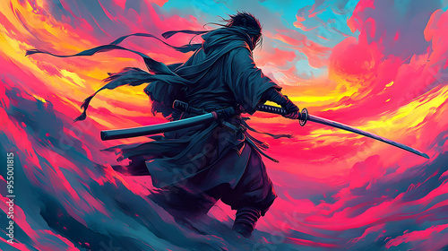 A Lone Warrior Stands with a Sword Drawn Against a Fiery Sky of Clouds, a Vivid Abstract Background Animation