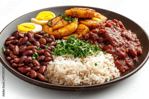 A Plate of Rice, Beans, Fried Plantain, Eggs, and Stew