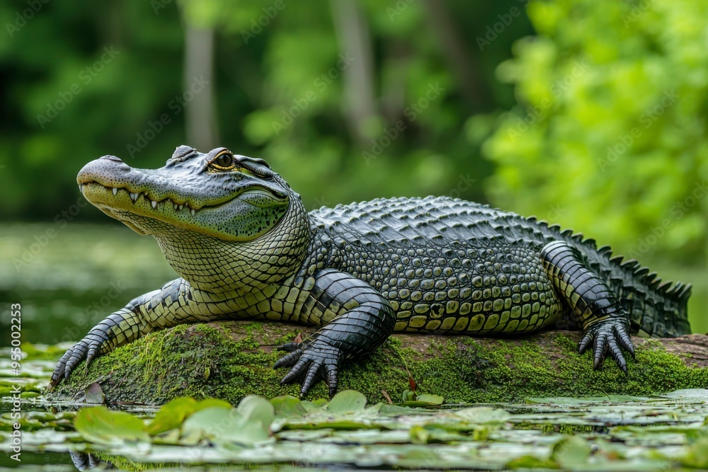 Obraz premium American Alligator Basking on Mossy Log in a Swamp