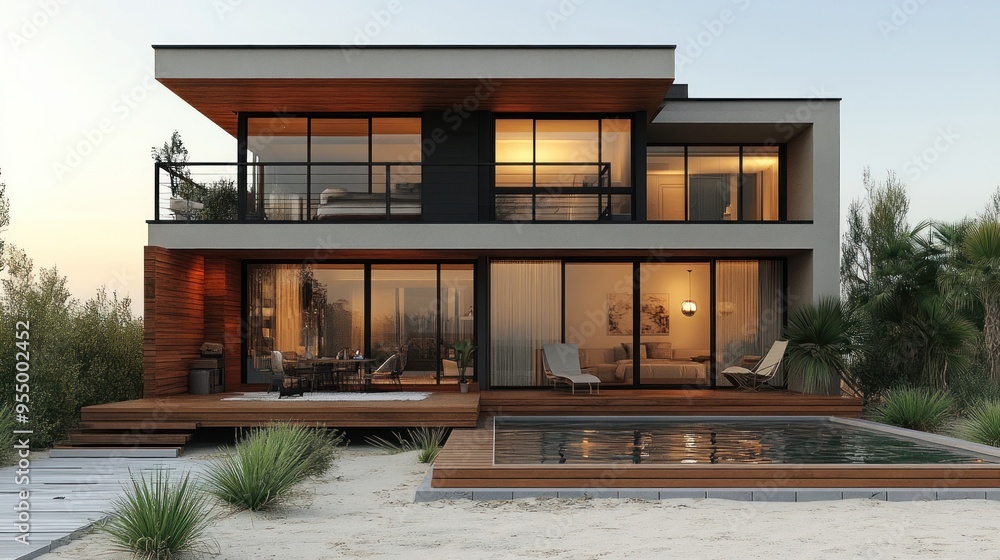 Modern house with large windows and outdoor pool in a serene setting. Modern house with large windows and outdoor pool in a serene setting.