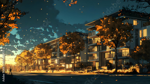 Autumn Leaves Falling on a City Street with Buildings in the Background at Dusk, a Peaceful and Serene Atmosphere, Relaxing Background Animation for Videos and Streams