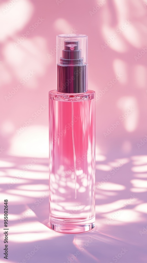 A half transparent perfume bottle stands against a soft pink backdrop, featuring light reflections that enhance its elegant design A half transparent perfume bottle stands against a soft pink backdrop, featuring light reflections that enhance its elegant design