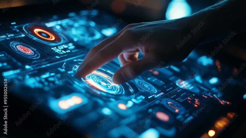 person interacting with a high-tech touchscreen device, highlighting the advanced interface and intuitive design of modern technology person interacting with a high-tech touchscreen device, highlighting the advanced interface and intuitive design of modern technology
