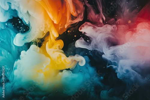 Beautiful abstraction of liquid paints in slow blending flow mixing together gently, ai photo