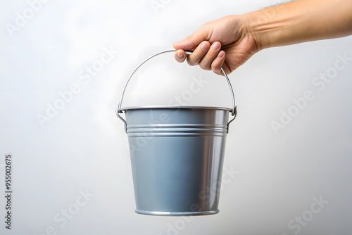 Mockup of gray paint bucket in hand on white background