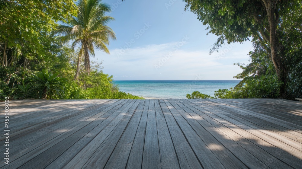 A captivating view of a tropical beach from a wooden deck, featuring vibrant greenery and tranquil waters under bright blue skies A captivating view of a tropical beach from a wooden deck, featuring vibrant greenery and tranquil waters under bright blue skies