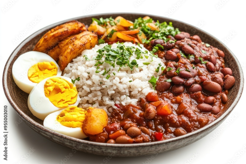 Bowl of Rice, Beans, Fried Plantains, and Eggs Bowl of Rice, Beans, Fried Plantains, and Eggs