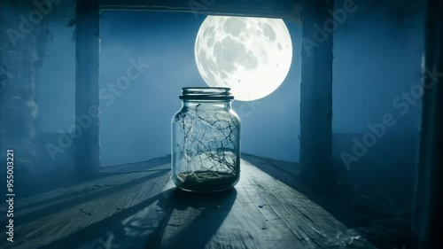 Horizontal Halloween Video, Empty Jar with Cobwebs and Sticks Inside, Full Moon in the Background photo