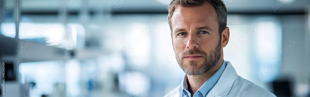 Fototapeta premium Confident Male Scientist Posed in Vivid Laboratory Setting