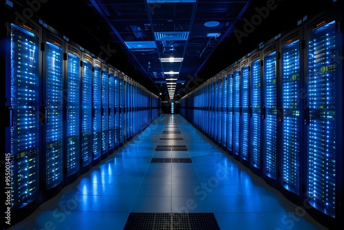 Modern Data Center with Illuminated Server Racks High-Tech Network and Information Storage Facility