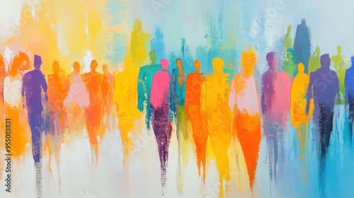 Colorful figures blend in motion, representing a diverse crowd traveling through an urban environment filled with energy