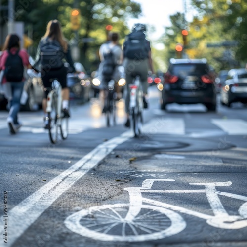 Bicyclists navigate urban streets during the day, showcasing the integration of cycling in city traffic