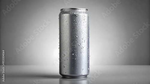 grey blank carbonated energy drink mockup template with water drops isolated on light grey background.