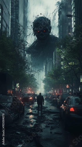 Wallpaper of Post-Apocalyptic World: A Frightening Giant Monster Emerges from the Distance photo